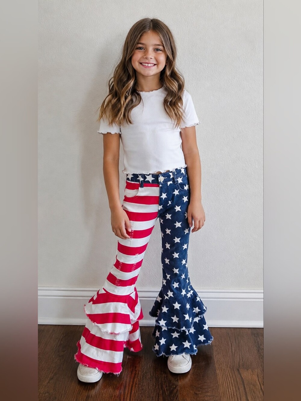 Girls Patriotic American Flag Bell Bottom Jeans Red White Blue Star Stripe Flare